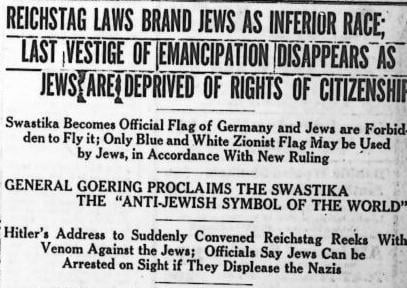 Reich Laws Brand Jews as Inferior Race